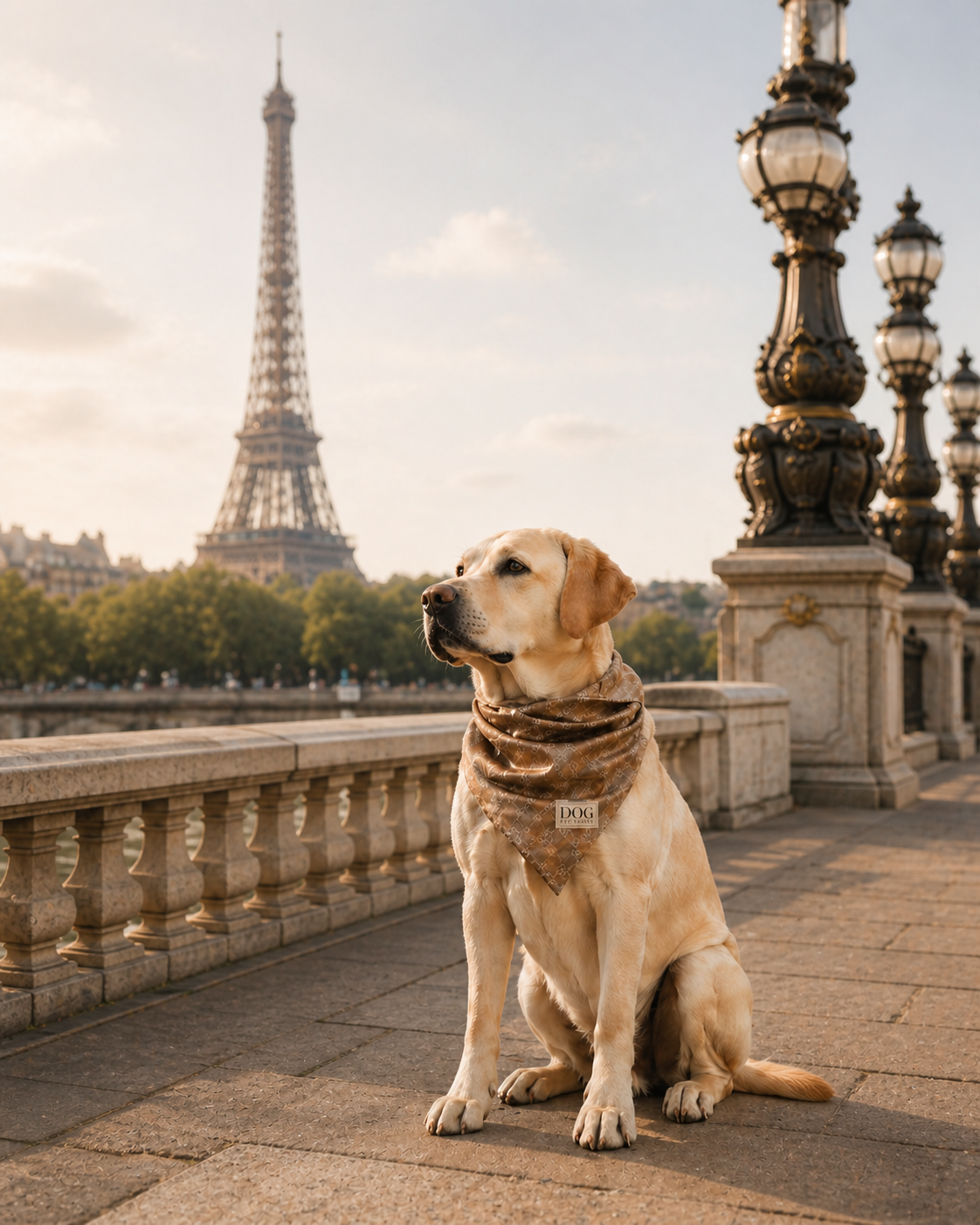Photo d'un chien devant la Tour Eiffel